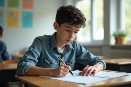 Adolescent concentr&eacute; sur un test dans une salle de classe