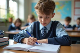 Jeune lyceen en uniforme dessinant un cylindre en classe