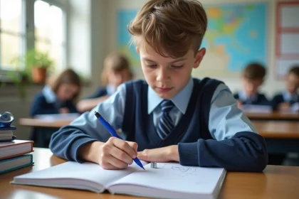 Jeune lyceen en uniforme dessinant un cylindre en classe