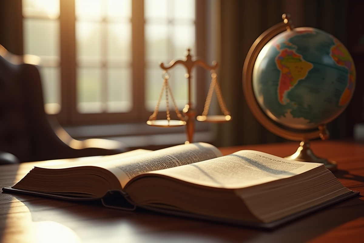 Livre de droit ancien ouvert avec globe et balances de justice en arrière-plan