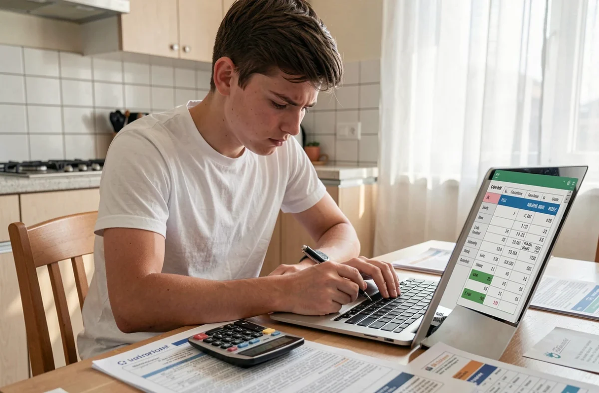 Adolescent calculant sa moyenne scolaire avec coefficient sur tablette et calculatrice à la maison