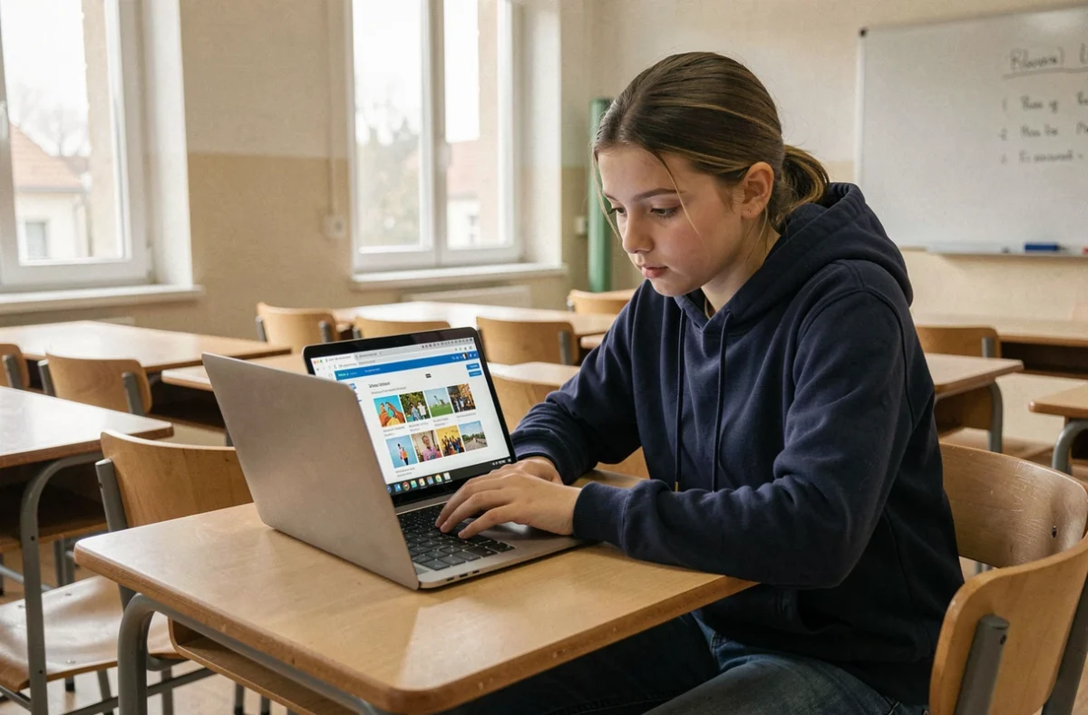 Lycéenne utilisant la plateforme numérique NÉO Yvelines sur un ordinateur portable dans une salle de classe moderne