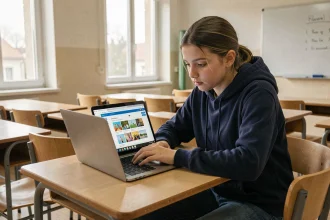 Lycéenne utilisant la plateforme numérique NÉO Yvelines sur un ordinateur portable dans une salle de classe moderne