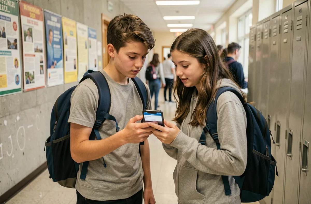 Deux lycéens consultant les cours en ligne de NÉO Yvelines sur un smartphone dans le couloir de leur établissement scolaire