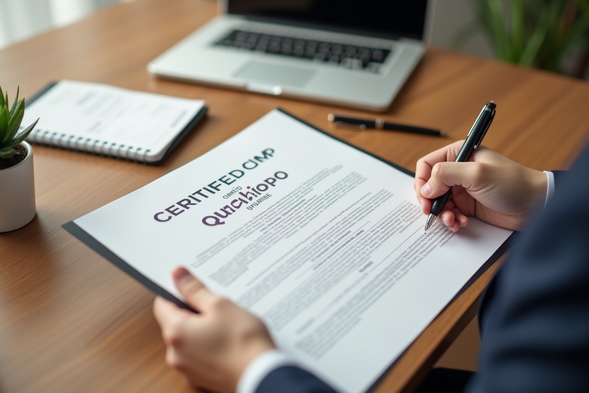 Main tenant un document CPF et Qualiopi sur un bureau en bois