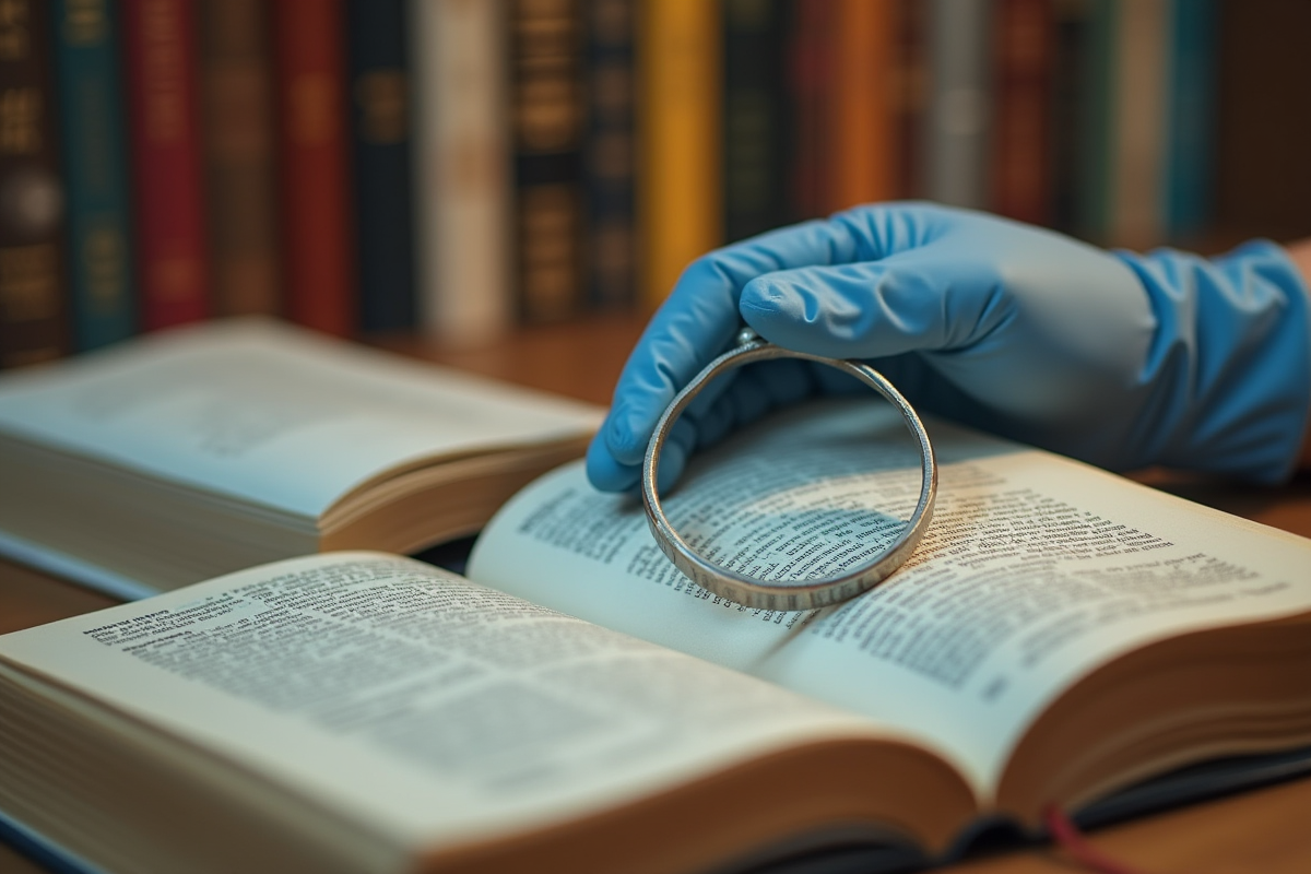 Main tenant une loupe sur une page de livre en lecture attentive