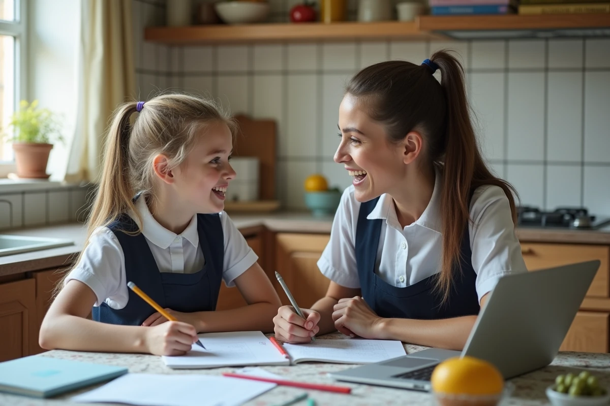 Mère et fille discutant des devoirs à la maison