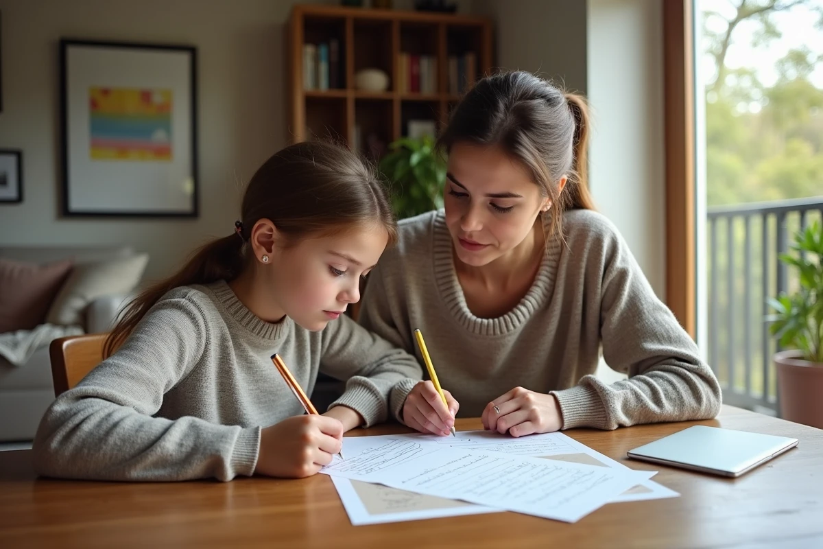 M&egrave;re et fille r&eacute;visent une dict&eacute;e dans le salon