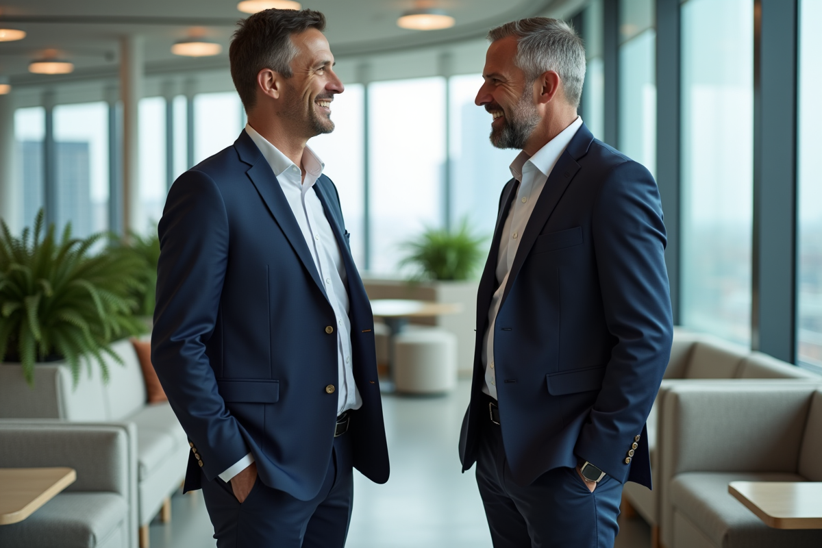 Manager en costume discutant avec un employé dans un espace détente