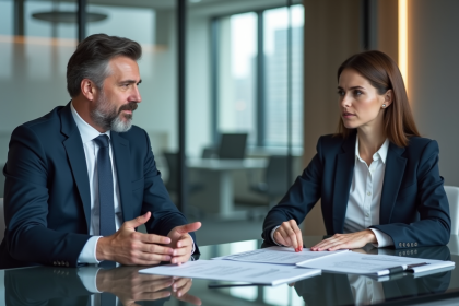 Manager en costume navy expliquant des documents de decision