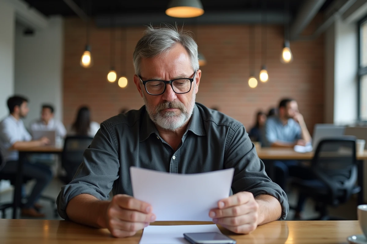 Manager expérimenté relisant une lettre de recommandation professionnelle dans un espace de travail moderne