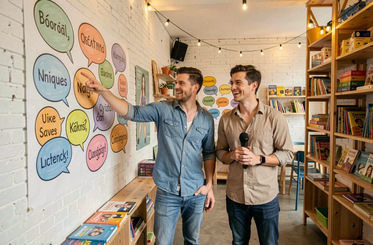 Deux formateurs dynamiques de Marmignon Brothers à Strasbourg dans un espace pédagogique coloré avec murales de langues et matériel ludique
