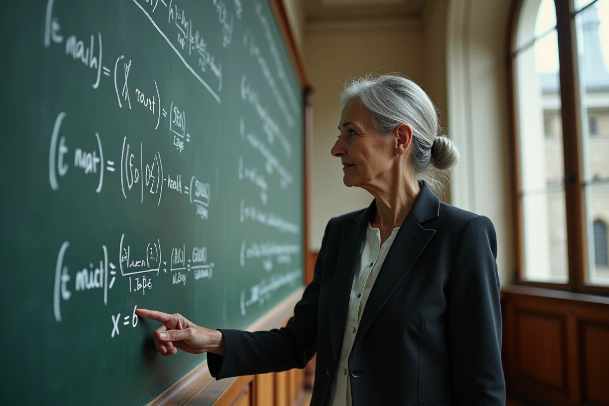 Mathématicienne devant un tableau d'équations dans un amphithéâtre universitaire parisien