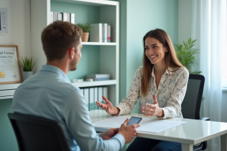 Médecin généraliste expliquant des documents à un patient