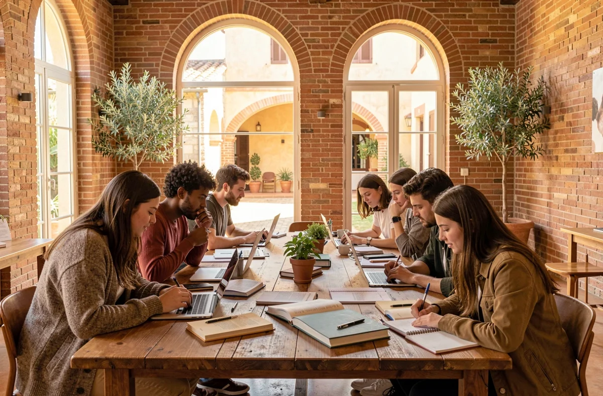 Groupe d'étudiants et de professeurs particuliers travaillant ensemble dans un espace collaboratif en Occitanie