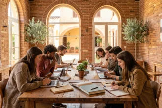 Groupe d'étudiants et de professeurs particuliers travaillant ensemble dans un espace collaboratif en Occitanie
