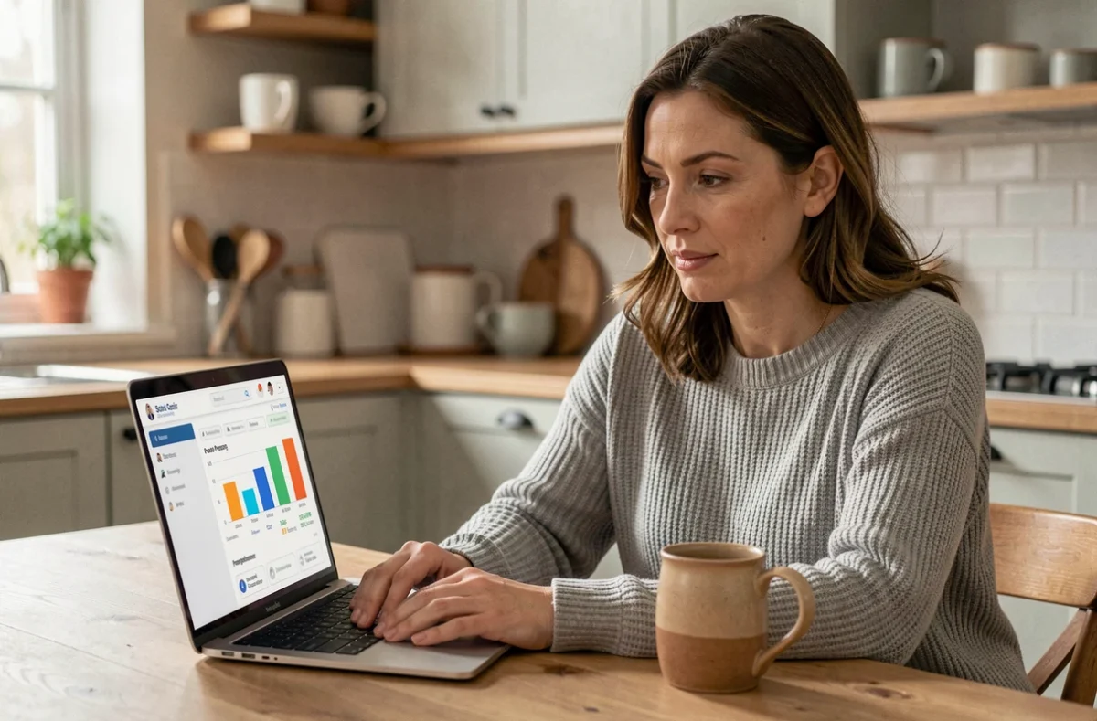 Une mère consulte le suivi scolaire de son enfant sur l'application Mjmcloud depuis son domicile
