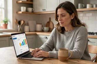 Une mère consulte le suivi scolaire de son enfant sur l'application Mjmcloud depuis son domicile