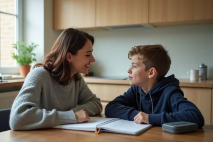 Mère expliquant un choix scolaire à son fils autour d'une table de cuisine, conversation bienveillante sur l'orientation SEGPA ou ULIS