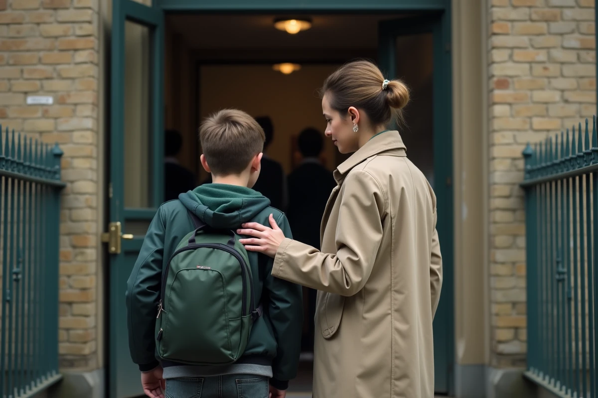 Mère accompagnant son fils devant l'entrée d'un établissement scolaire, moment de soutien et d'encouragement lié à l'orientation en SEGPA ou ULIS