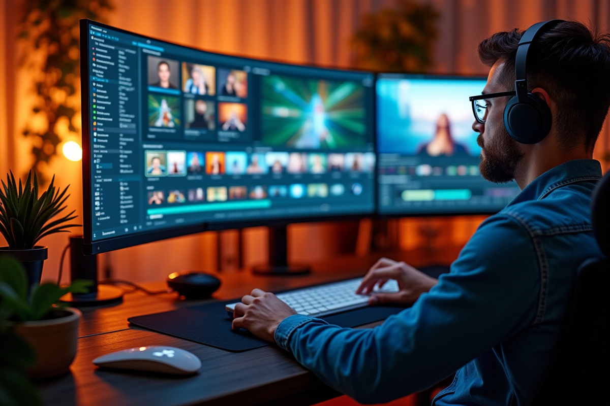 Monteur vidéo au travail avec console et écrans lumineux