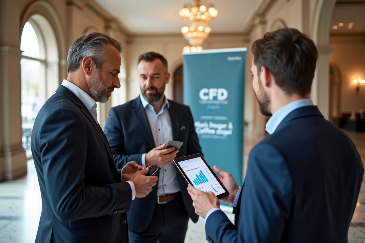 Networking professionnel lors d'une pause café pendant un événement digital dédié aux PME à Paris