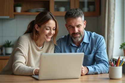 Parents regardant un portail &eacute;tudiant sur un ordinateur dans une cuisine lumineuse