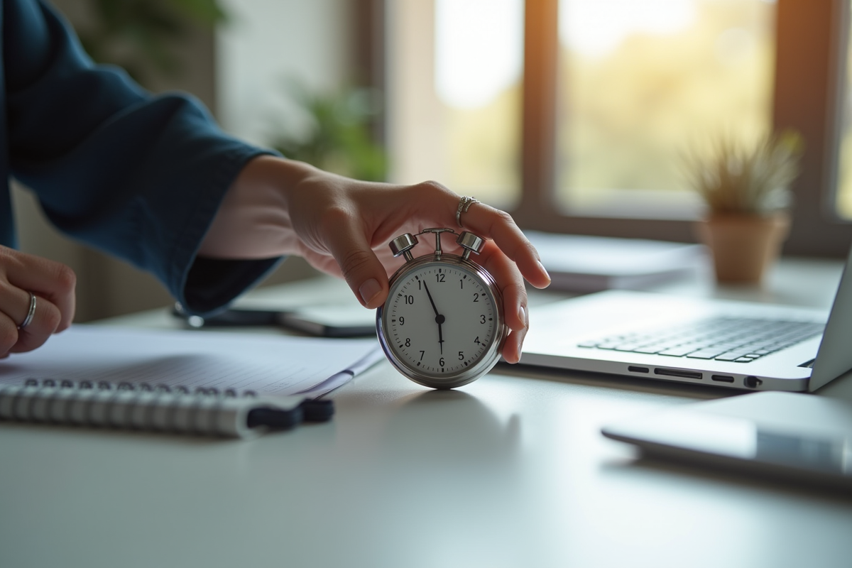 Main arrêtant un chronomètre dans un espace de travail lumineux
