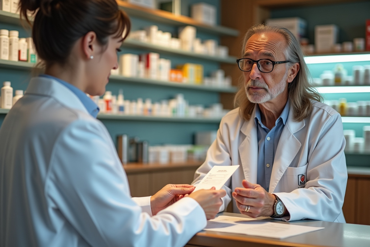 Pharmacien vérifiant la carte vitale d