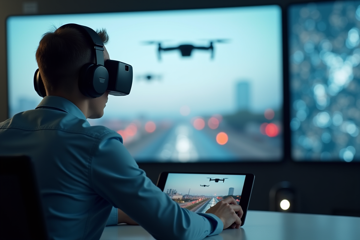 Pilote avec casque hightech surveillant une vidéo de drone dans une salle lumineuse