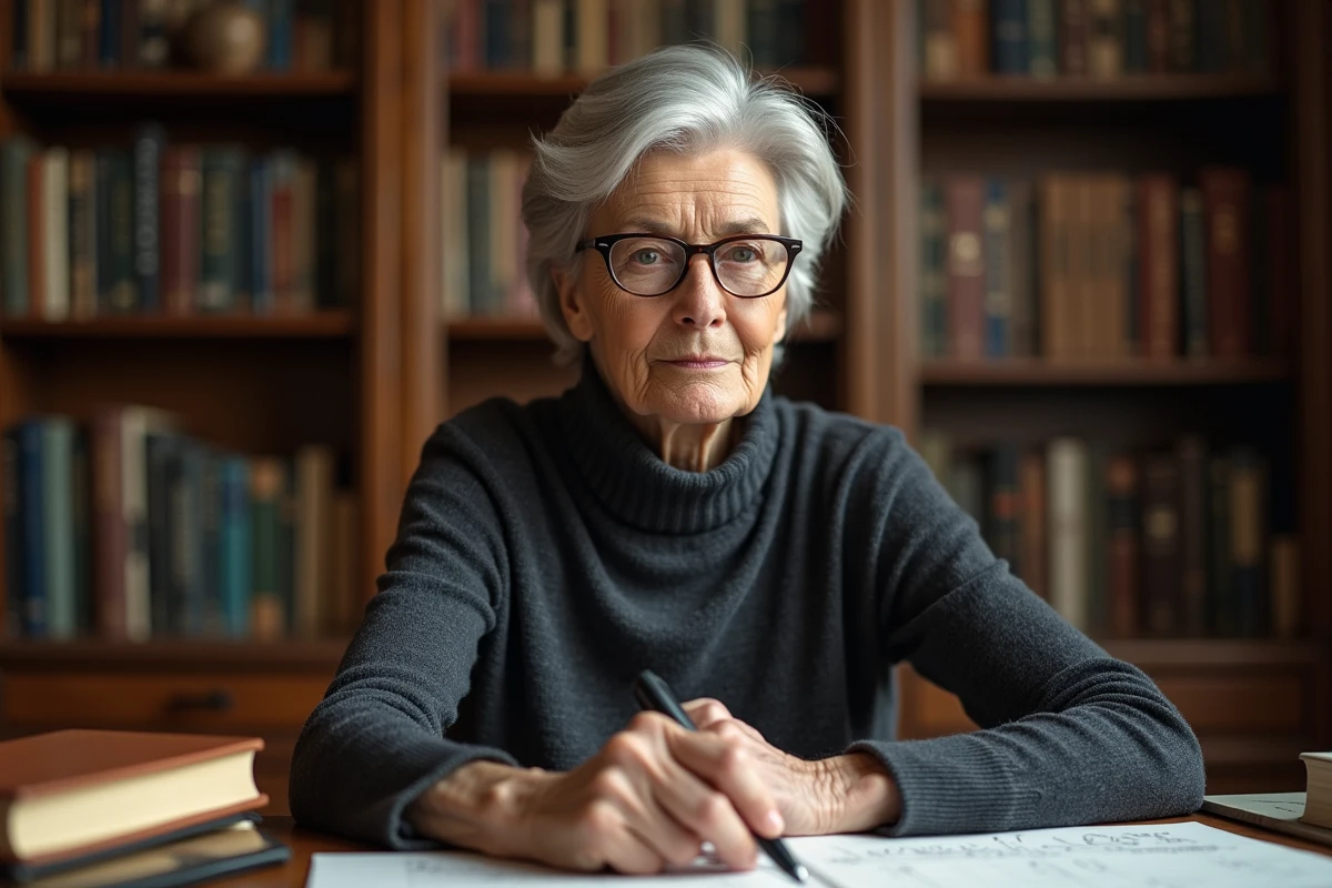Portrait d'une mathématicienne senior à son bureau entouré de livres et de notes scientifiques