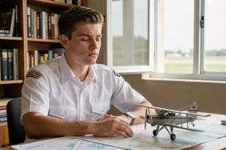 Jeune cadet Air France en chemise d'uniforme blanc concentré mentalement à son bureau avec des cartes aéronautiques