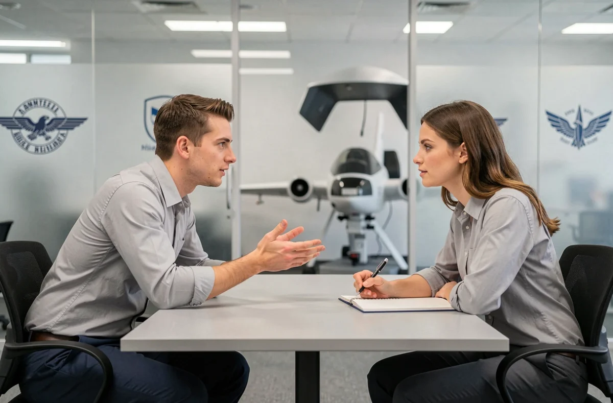 Deux candidats cadets Air France en discussion stratégique dans une salle de briefing moderne d'un centre de formation aéronautique