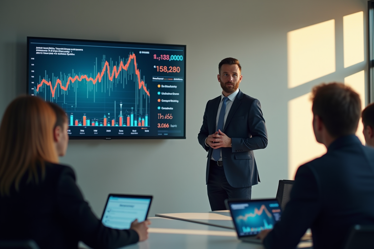 Homme en costume donnant une presentation financière en salle