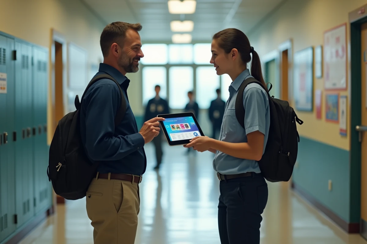 Professeur discutant avec un élève dans un couloir scolaire