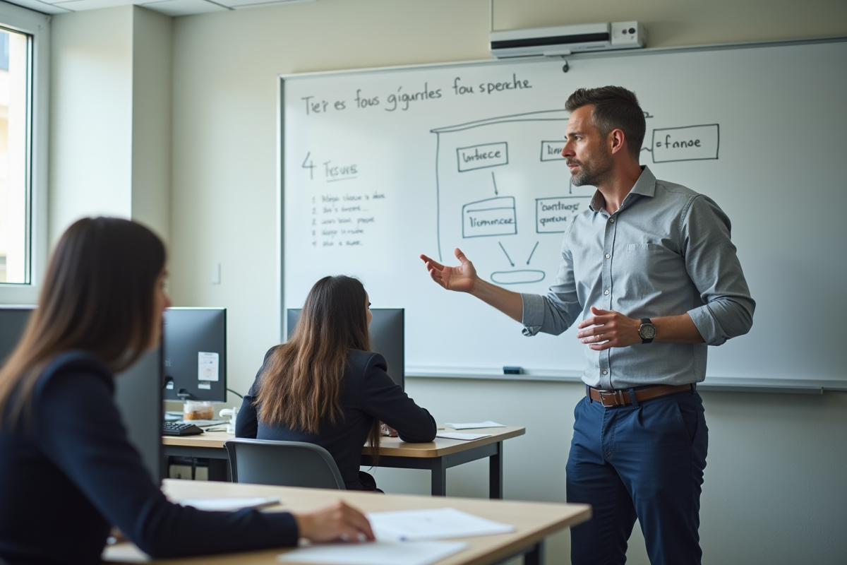 Professeur expliquant un diagramme aux étudiants en laboratoire de langues