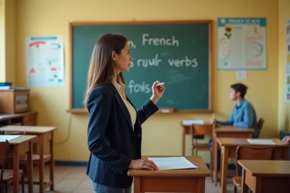 Jeune professeure d'espagnol en classe avec tableau