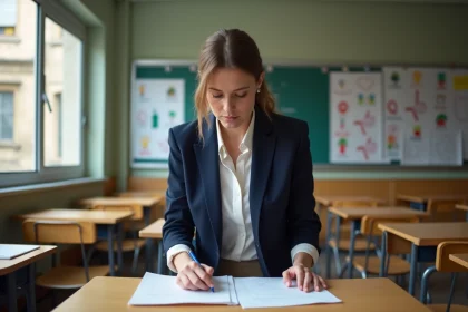 Professeure des &eacute;coles parisienne corrigeant des copies dans sa salle de classe, illustrant la r&eacute;alit&eacute; du m&eacute;tier et du salaire d'enseignant en primaire