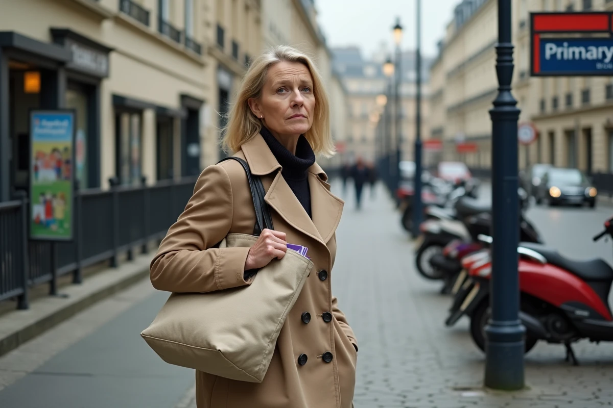 Professeure des &eacute;coles rentrant chez elle apr&egrave;s sa journ&eacute;e de travail dans une rue parisienne, &eacute;voquant la vie quotidienne et le pouvoir d'achat limit&eacute; des enseignants en r&eacute;gion parisienne
