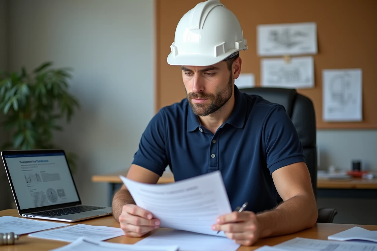 Professionnel du BTP consultant ses documents de certification CPF dans un bureau de chantier organisé