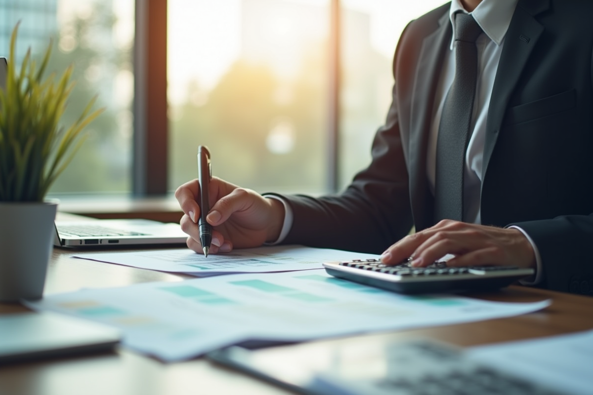 Professionnel en tenue d'affaires travaillant à un bureau avec documents et ordinateur