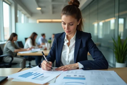 Jeune professionnelle en finance analysant le classement SIGEM 2026 dans un bureau moderne