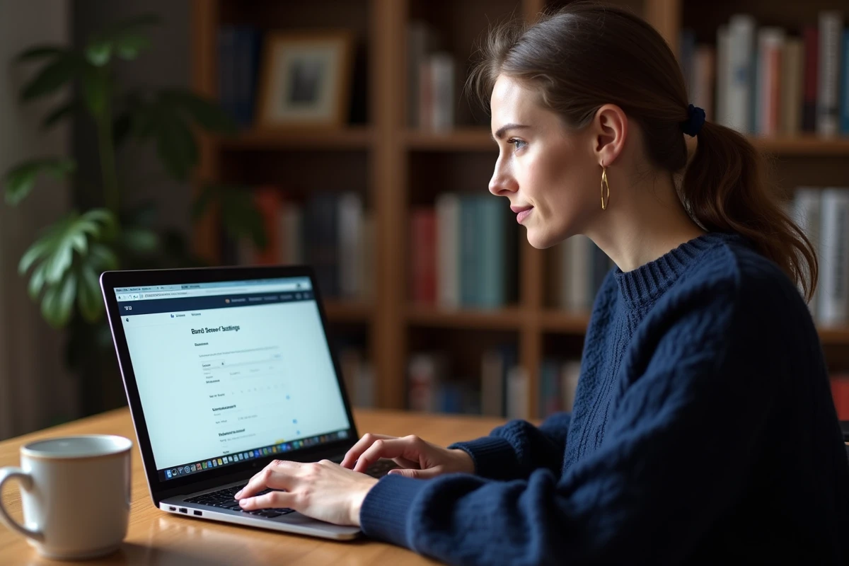 Femme paramétrant les réglages de sécurité de son compte Pia convergence Grenoble sur un ordinateur portable à domicile