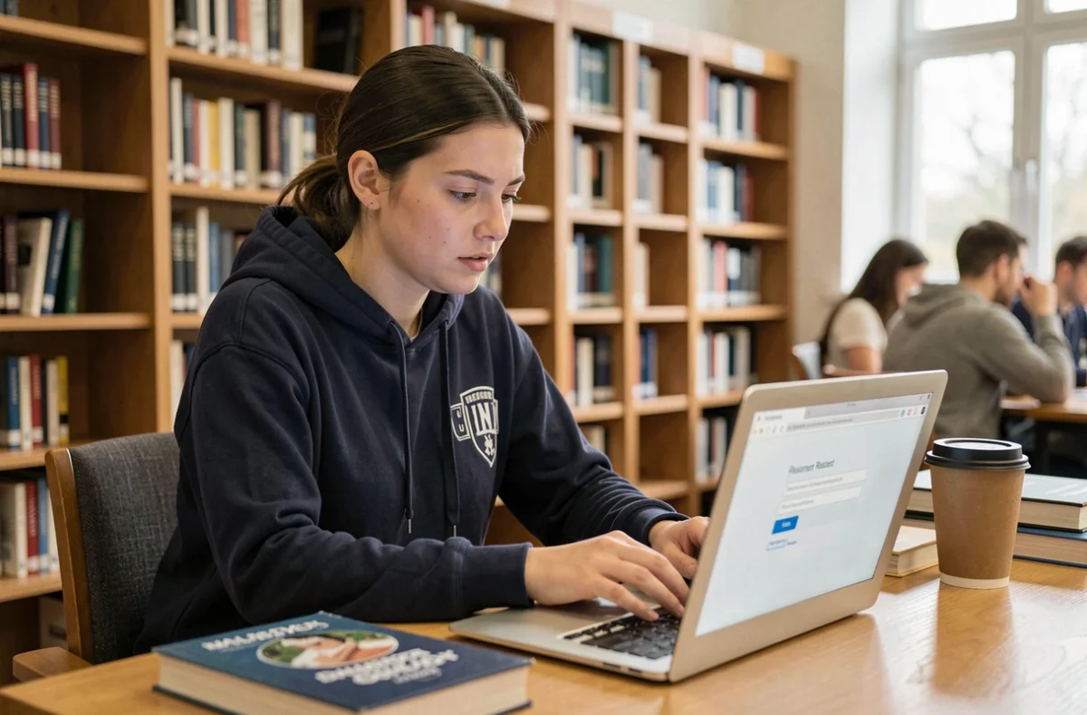 Étudiante réinitialisant son mot de passe sur le portail de connexion de l'université d'Angers depuis la bibliothèque universitaire