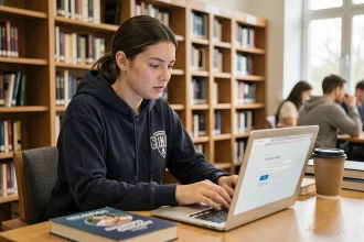 Étudiante réinitialisant son mot de passe sur le portail de connexion de l'université d'Angers depuis la bibliothèque universitaire
