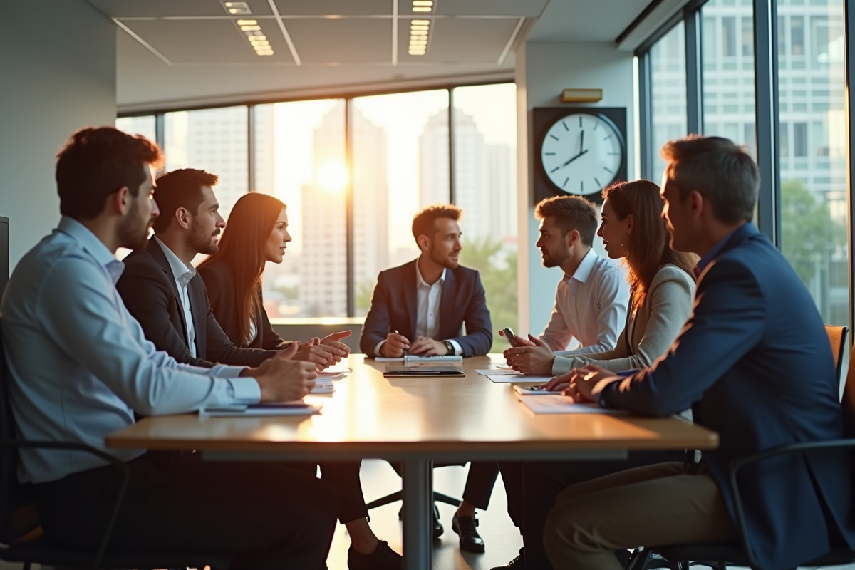 Réunion dans un bureau moderne avec professionnels divers