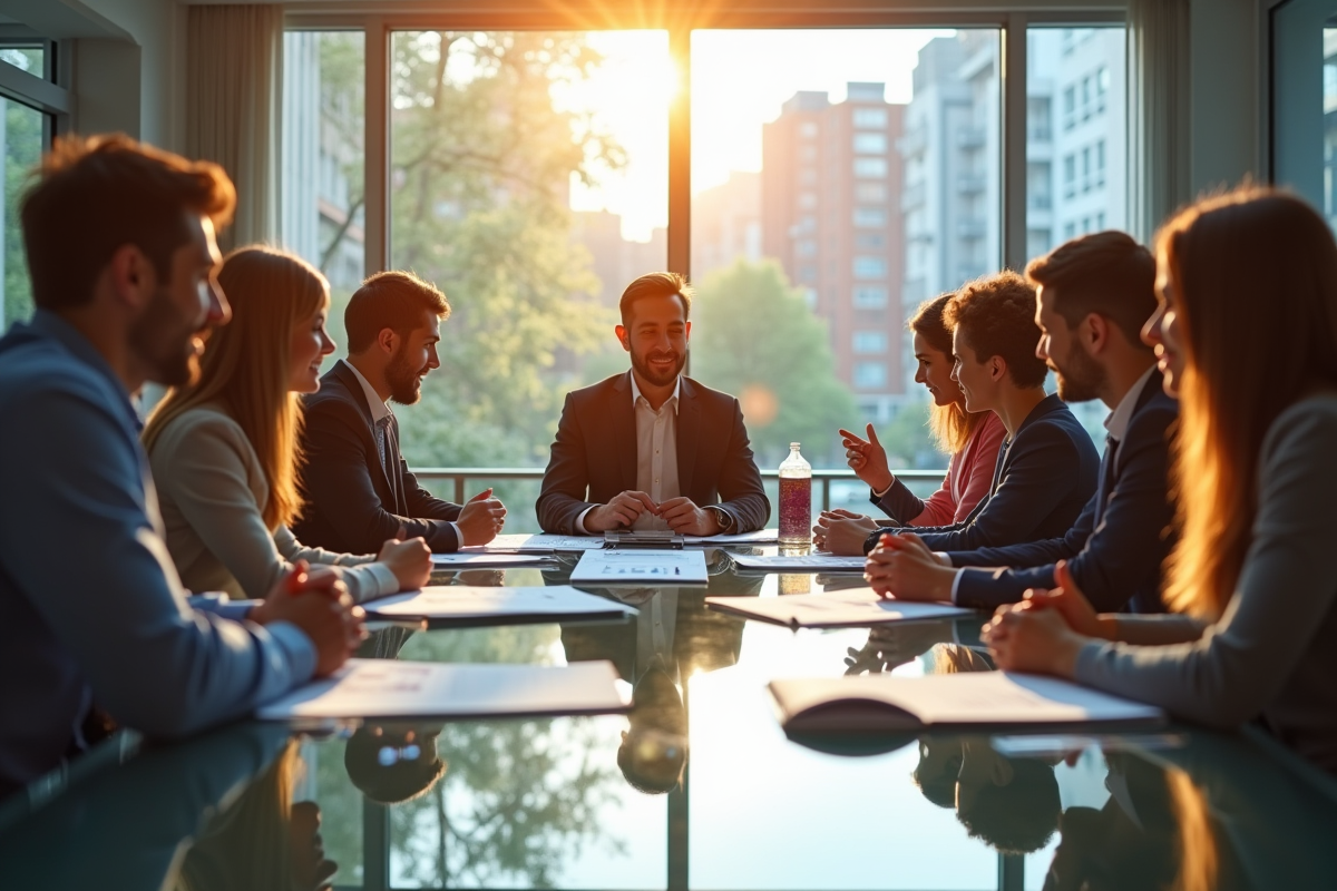 Réunion de bureau moderne avec professionnels discutant stratégie marketing