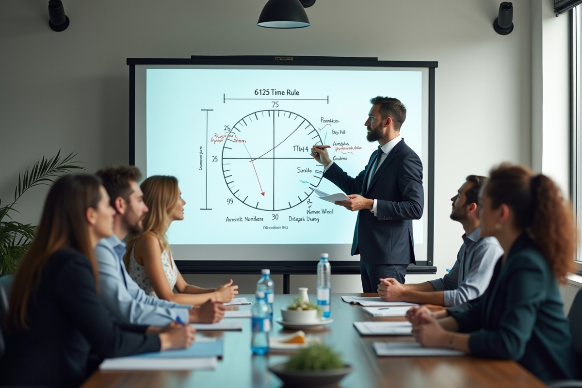 Groupe de professionnels en réunion avec tableau blanc