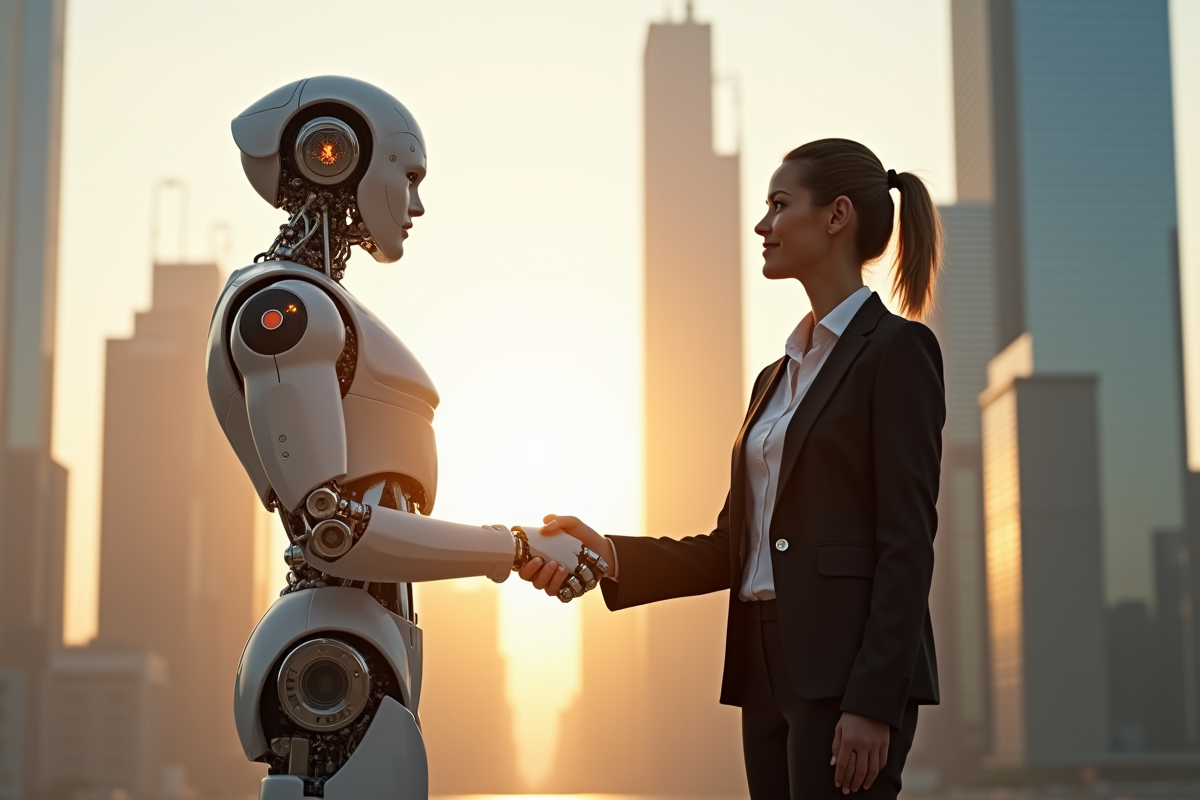Robot futuriste serrant la main d