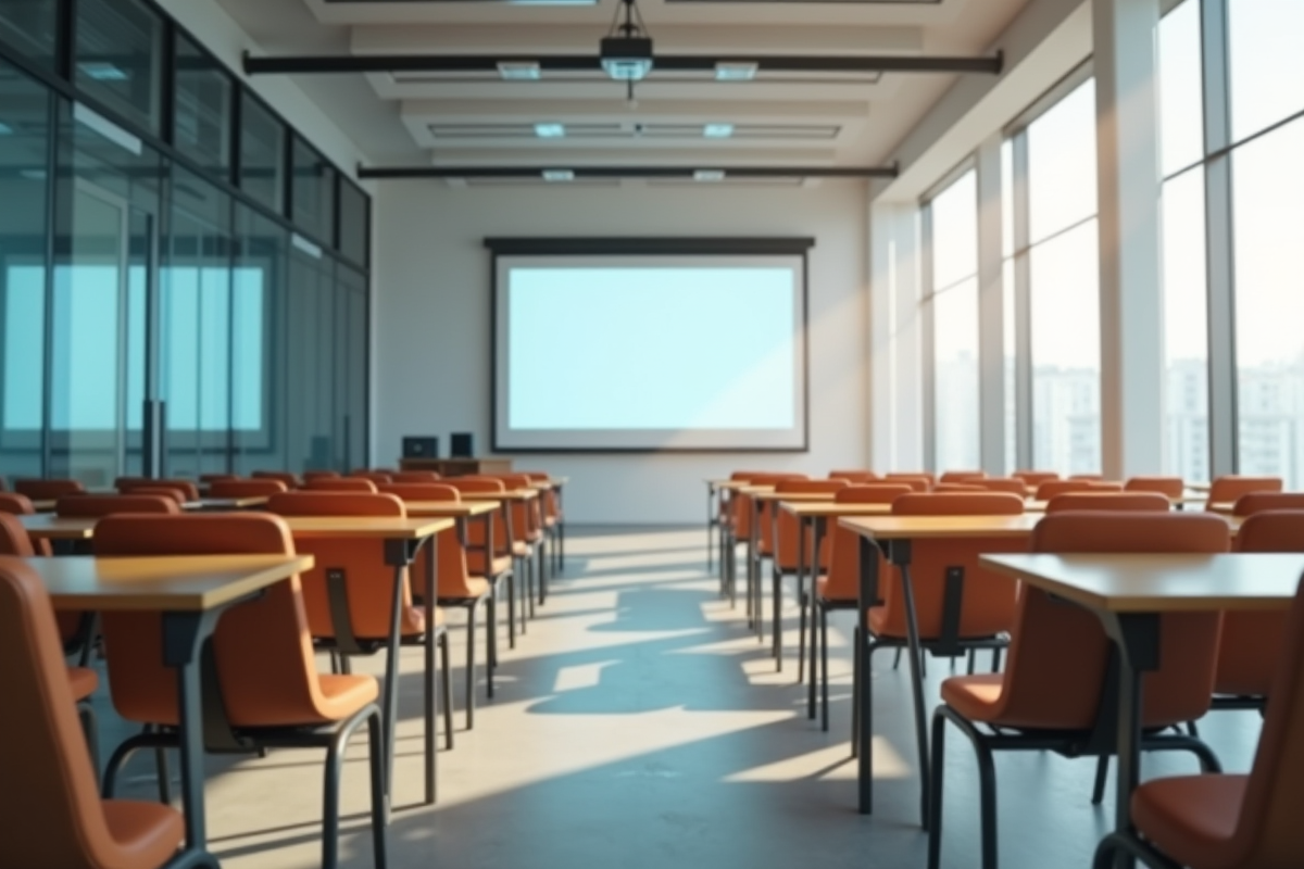 Salle de formation vide avec chaises et projecteur allumé
